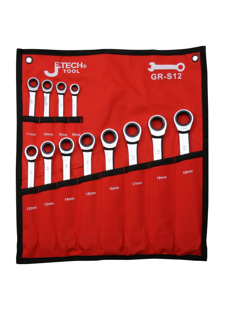 jetechtool مجموعة مفاتيح جيتك 12 قطعة، مجموعة مفاتيح رافعة مركبة، 72 سنًا، فولاذ كروم فانيوم مطروق ومعالج حراري، مقاييس متريه تشمل الأحجام من 8 مم إلى 19 مم مع حقيبة قماشية - GR-S12 - Image 1